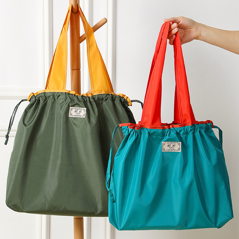 Foldable Reusable Shopping Bag Large Capacity Eco Friendly Drawstring Shoulder Tote