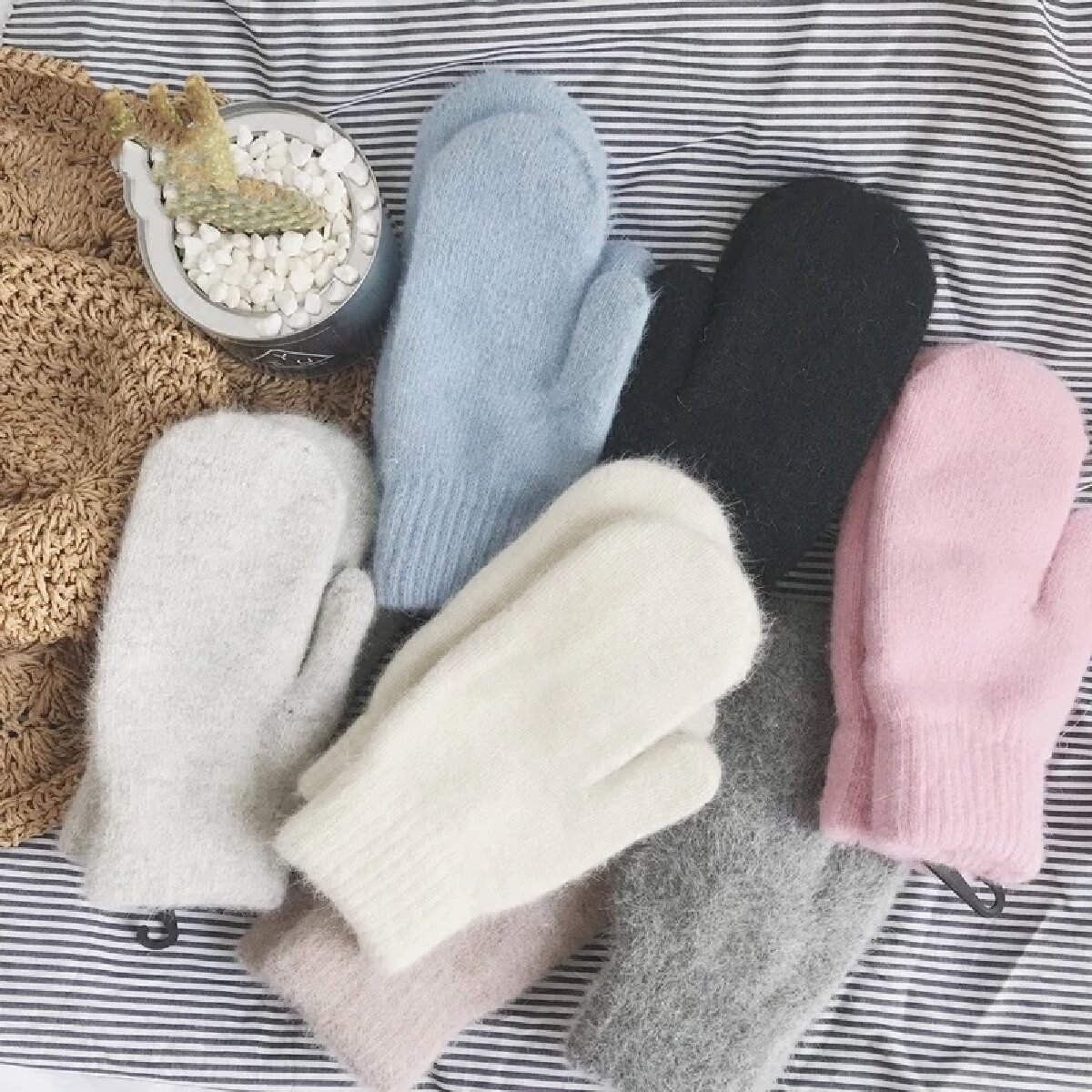 Winter Women Soft Cashmere Mittens Gloves with Imitation Rabbit Fur