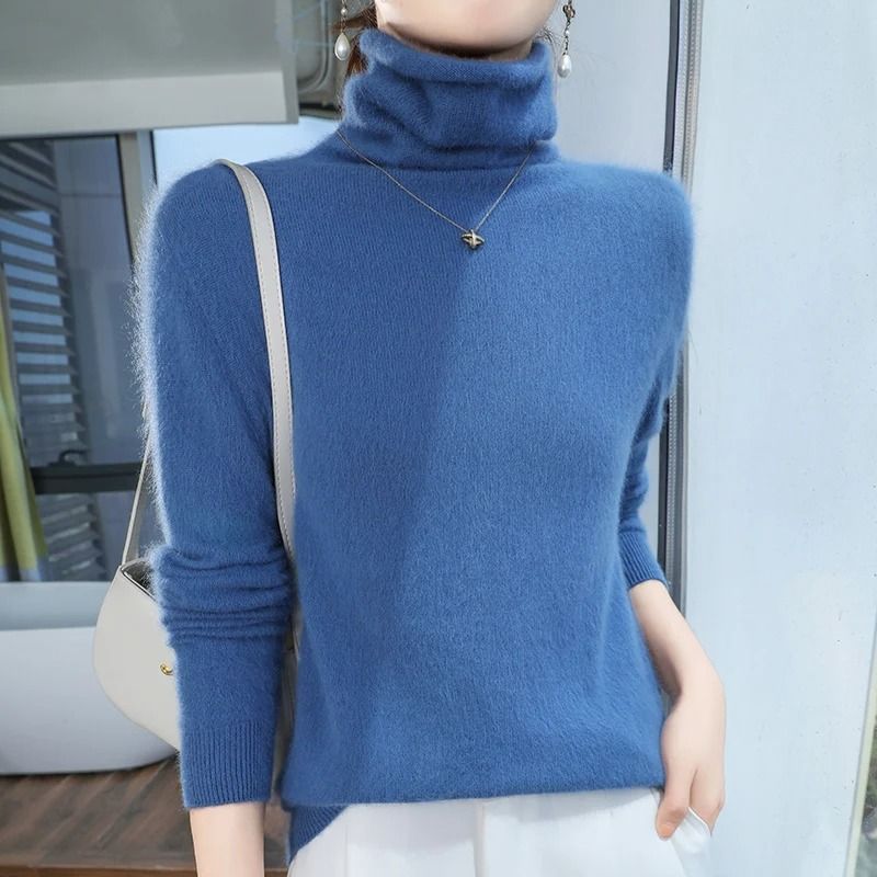 Womens Pure Mink Cashmere Sweater Slim Fit Pullover with Pile Collar Knitted Winter Top