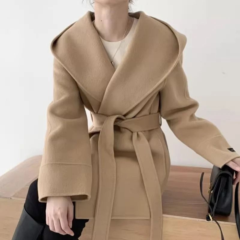 Elegant Hooded Lace-Up Woolen Jacket