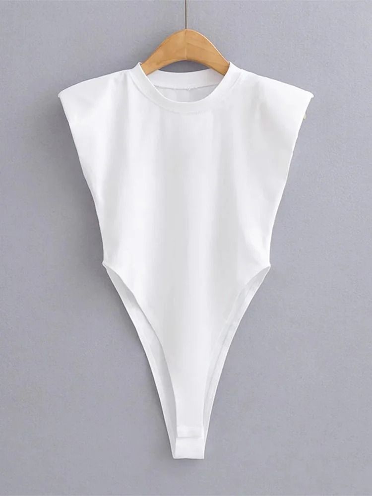 Padded Shoulder Bodysuit Women Summer One Piece Slim Fit Sleeveless Bodycon Top