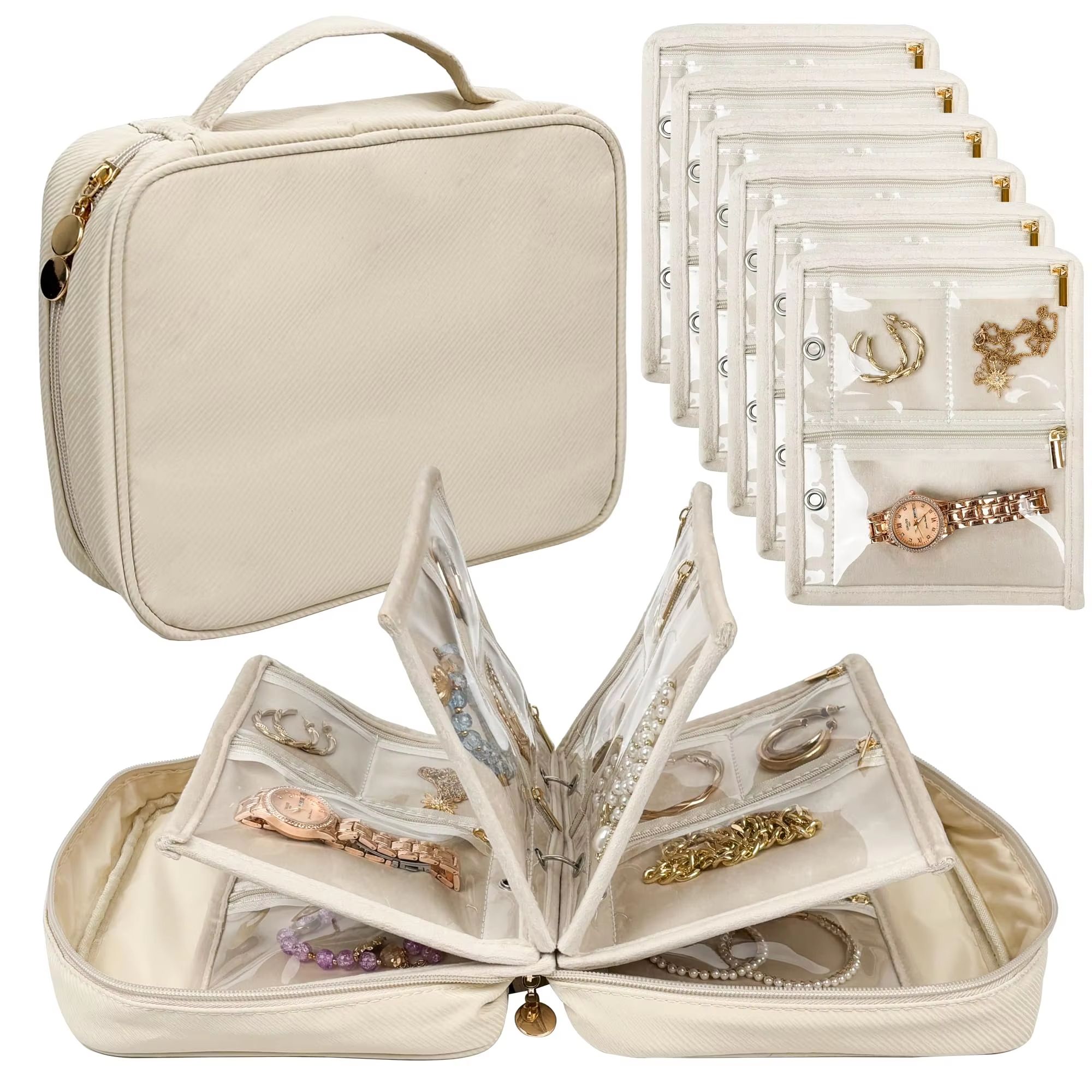 Travel Jewelry Organizer Book Binder with Clear Zipper Pouches and Velvet Pouch Set