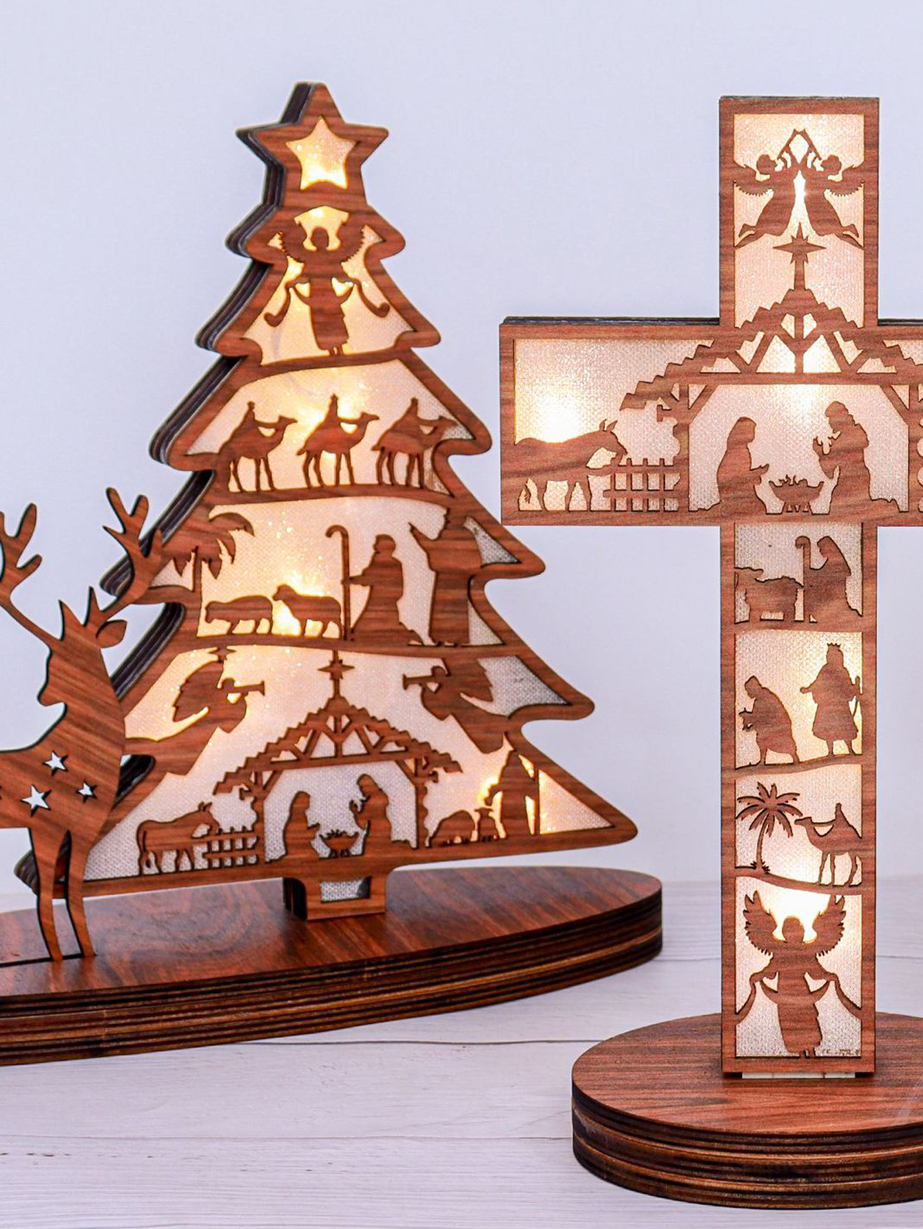 Christmas Tree Shape Luminous Wooden Nativity Scene Ornaments, Elk Christmas Decorations, Ornaments Party Decorations