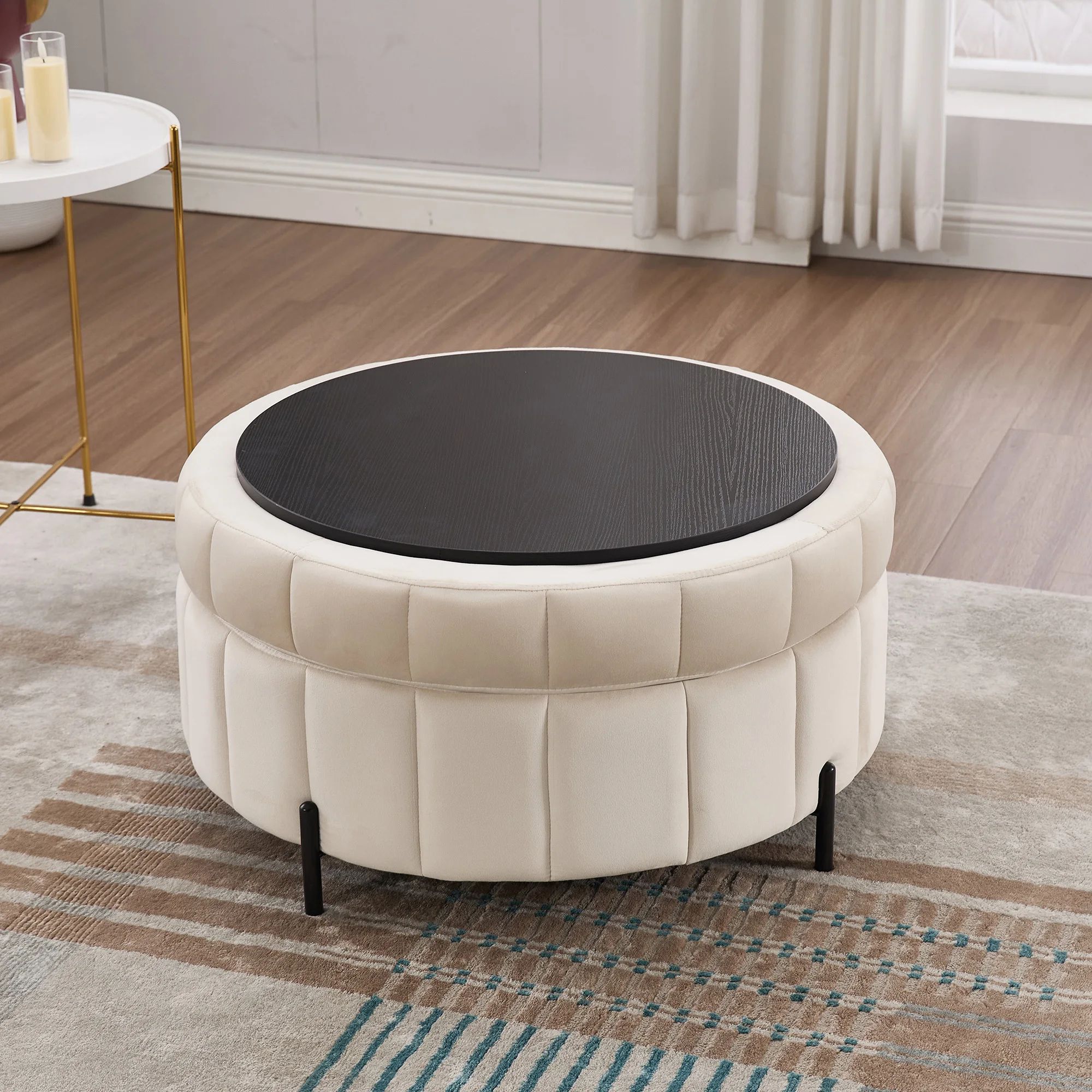 Wavesloop Velvet Pumpkin Round Storage Ottoman – Channel Tufted Upholstered Stool with Reversible Lid