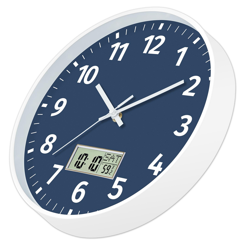 Silent Non Ticking Battery Operated Round Digital Wall Clock, Time Day of Week and Temperature Display, Easy to Read