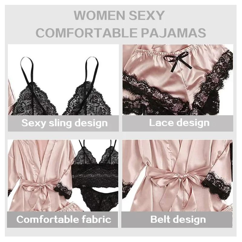 Womens Satin Sleepwear Four Piece Pajama Set with Robe Lace Nightwear