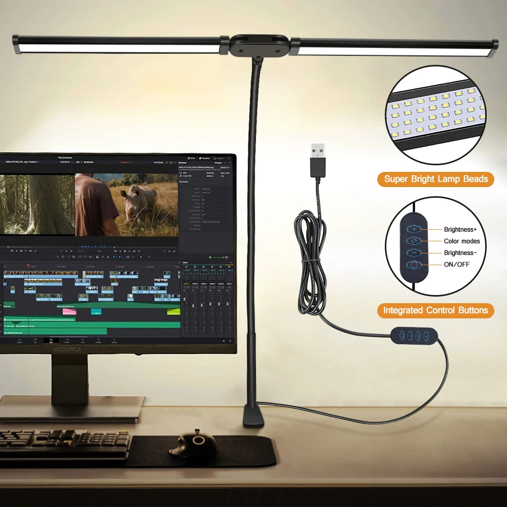 Dimmable LED Desk Lamp with Clip, Foldable Swing Arm, Double/Single Head for Workstation