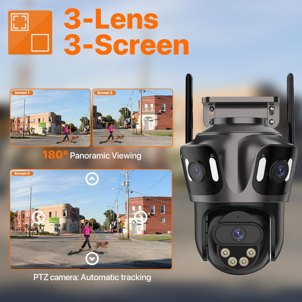 Outdoor Dual Lens PTZ Camera, Three Screen WIFI IP Camera, iCsee Video Security, AI Human Detection