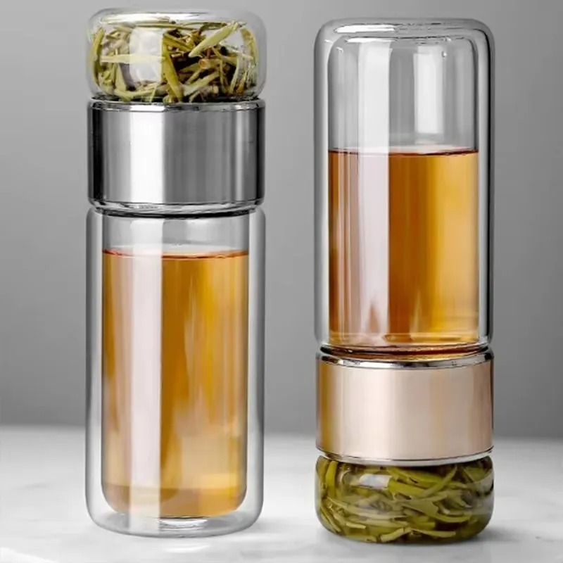 Double Layer Borosilicate Glass Tea Infuser Bottle With Filter and Leakproof Sleeve 420ml