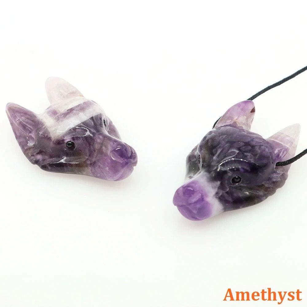 Natural Hand-Carved Wolf Head Crystal Pendant