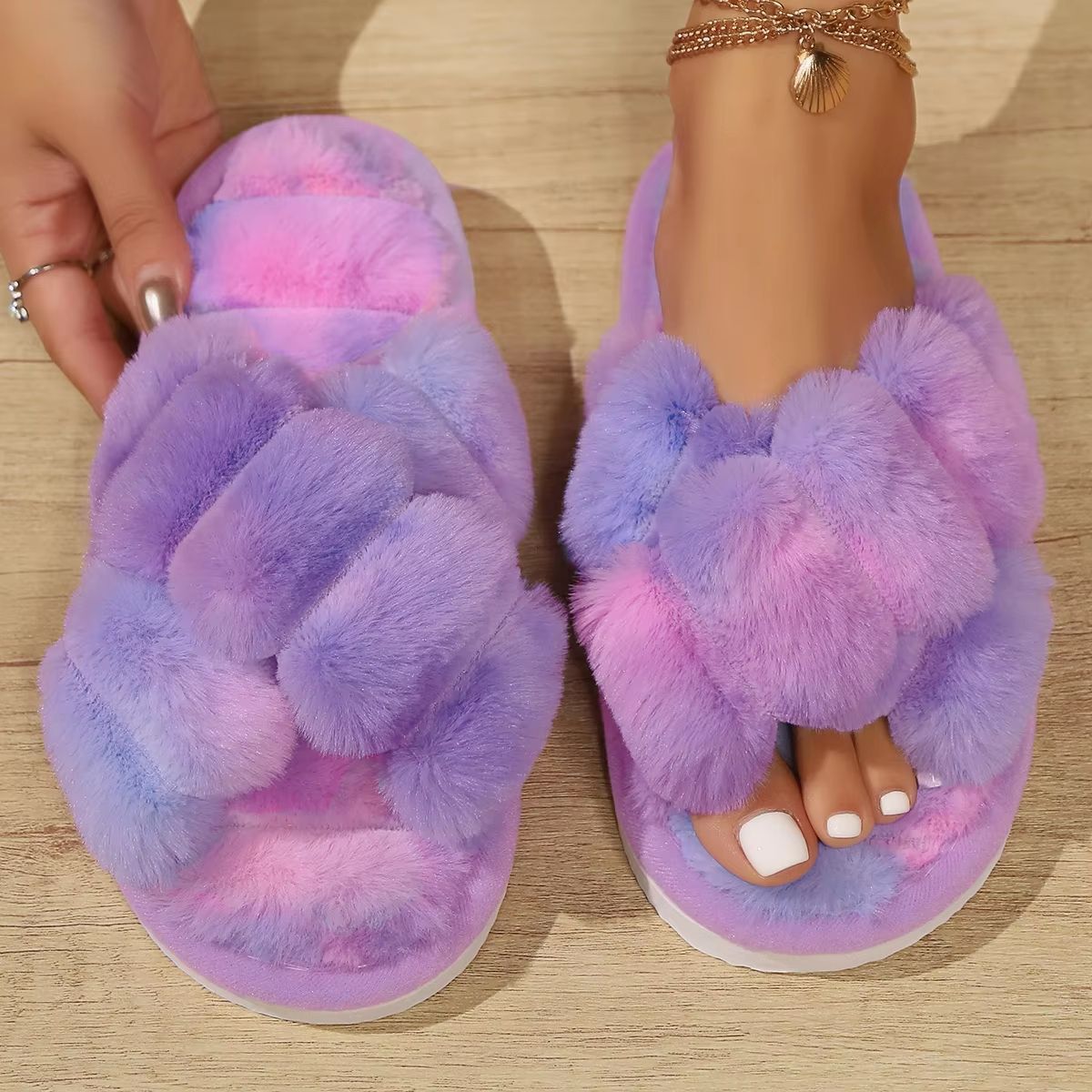 FuzzWave Women's Cross-Band Furry Slides Plush EVA Light Slippers