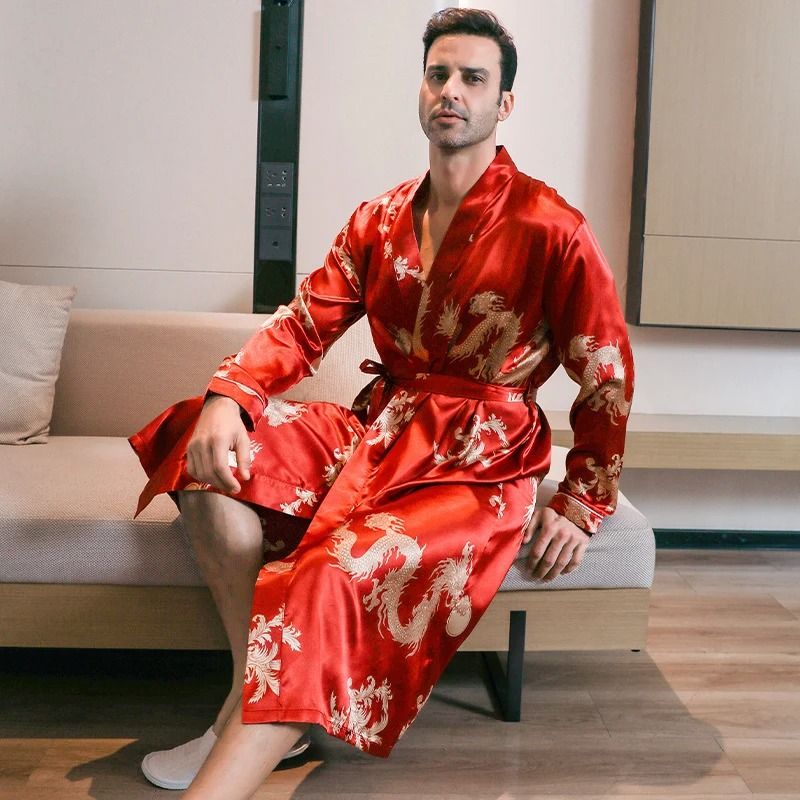 Mens Ice Silk Long-Sleeved Bathrobe – Lightweight Spring & Autumn Sleepwear