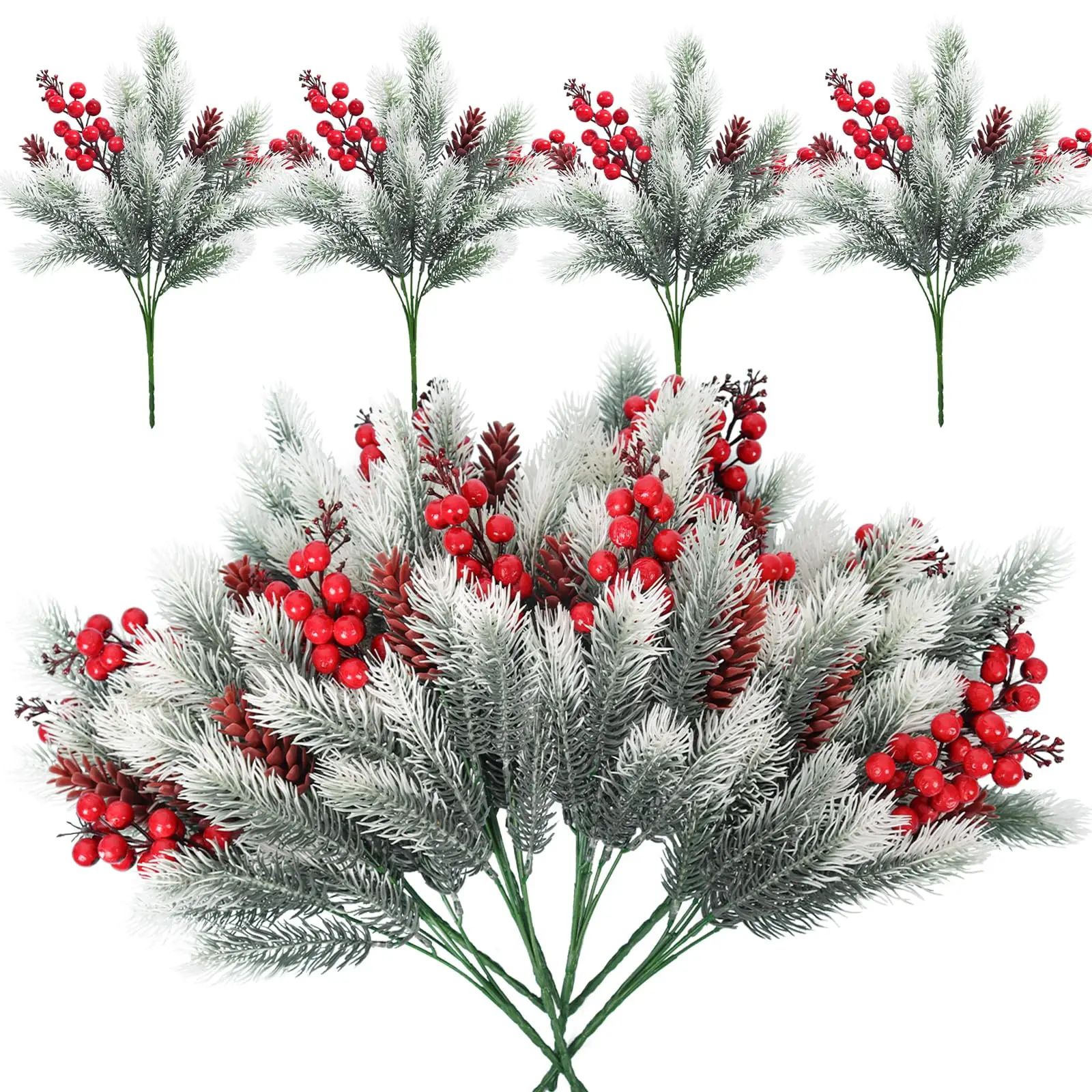 Festive Evergreen Holly & Pine Berry Holiday Table Decor – Set of 2 Artificial Christmas Greenery Picks