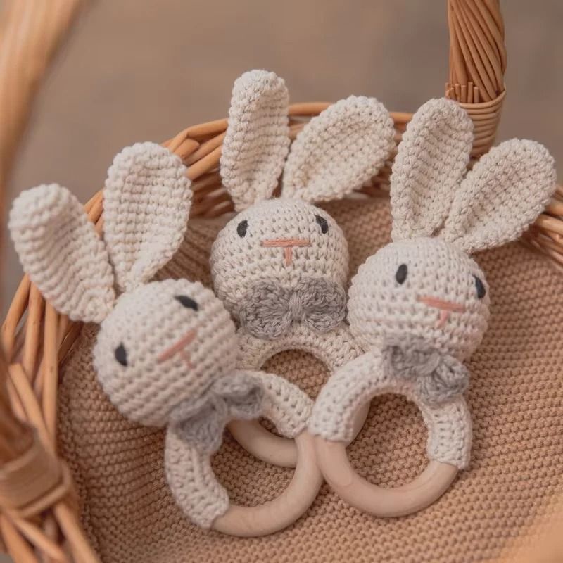 Baby Crochet Bunny Rattle & Wooden Teether – Newborn Educational Music Toy