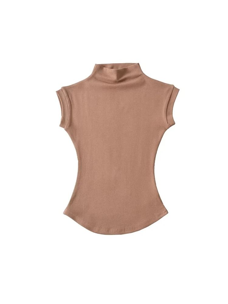 Women Summer Turtleneck Sleeveless Top Solid Slim Fit