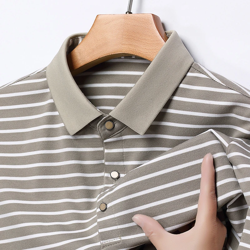 Mens Fashion Striped Cotton POLO Shirt, Casual Business Short Sleeved Comfortable and Breathable Top