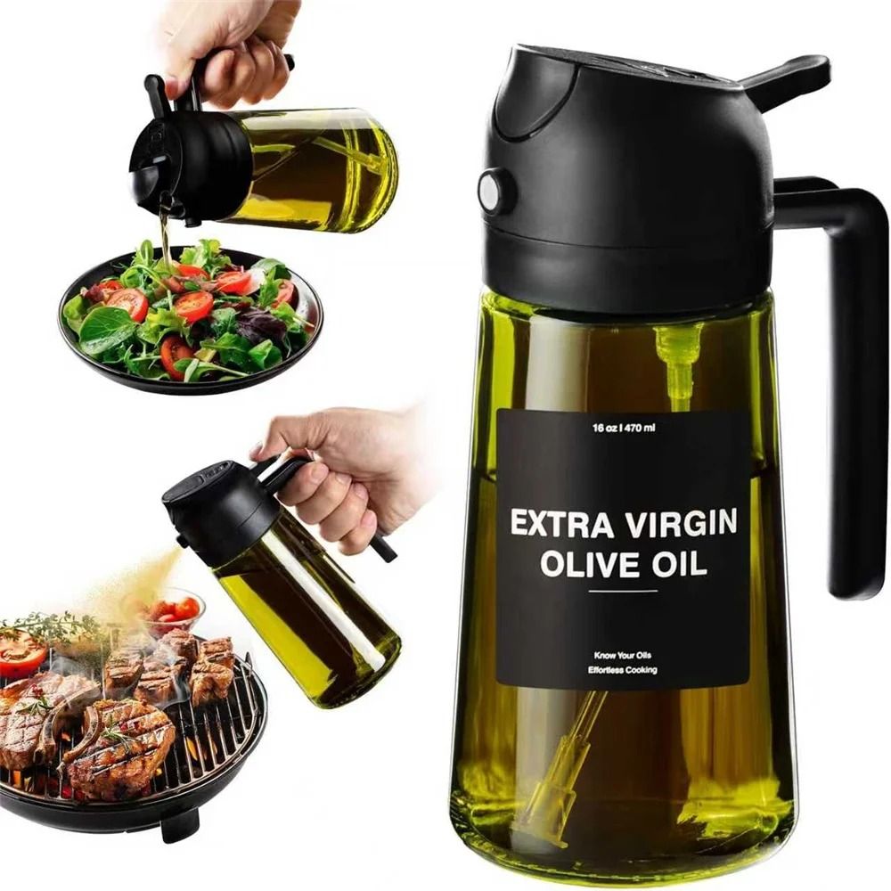 470ml Professional 2-in-1 Oil Sprayer & Dispenser – Thick Glass Olive Oil Bottle with Stickers