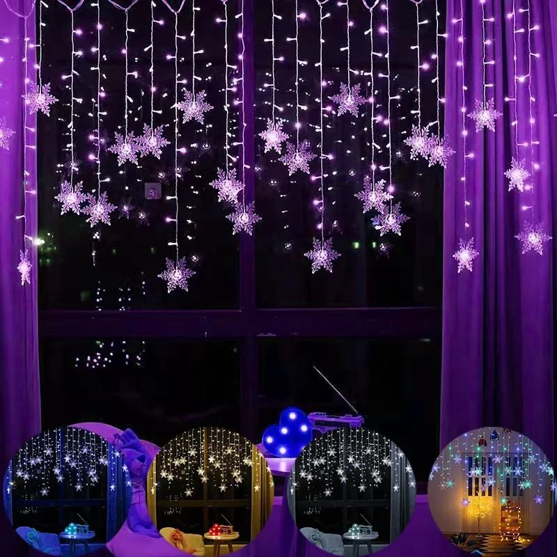 Christmas Snowflake LED Curtain String Lights – Flashing Holiday Fairy Garland