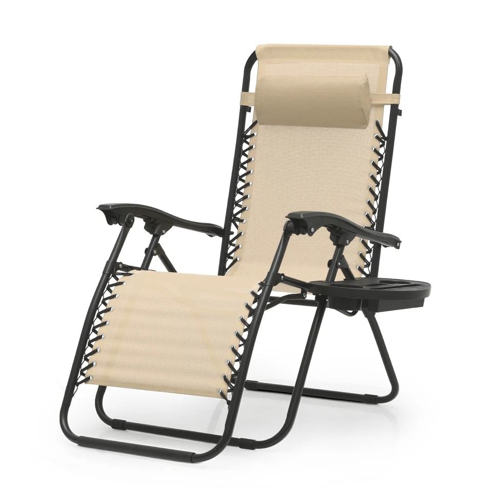 Portable Folding Cream Zero Gravity Chair, Adjustable Beach Lounge Recliner with Convenient Holding Tray