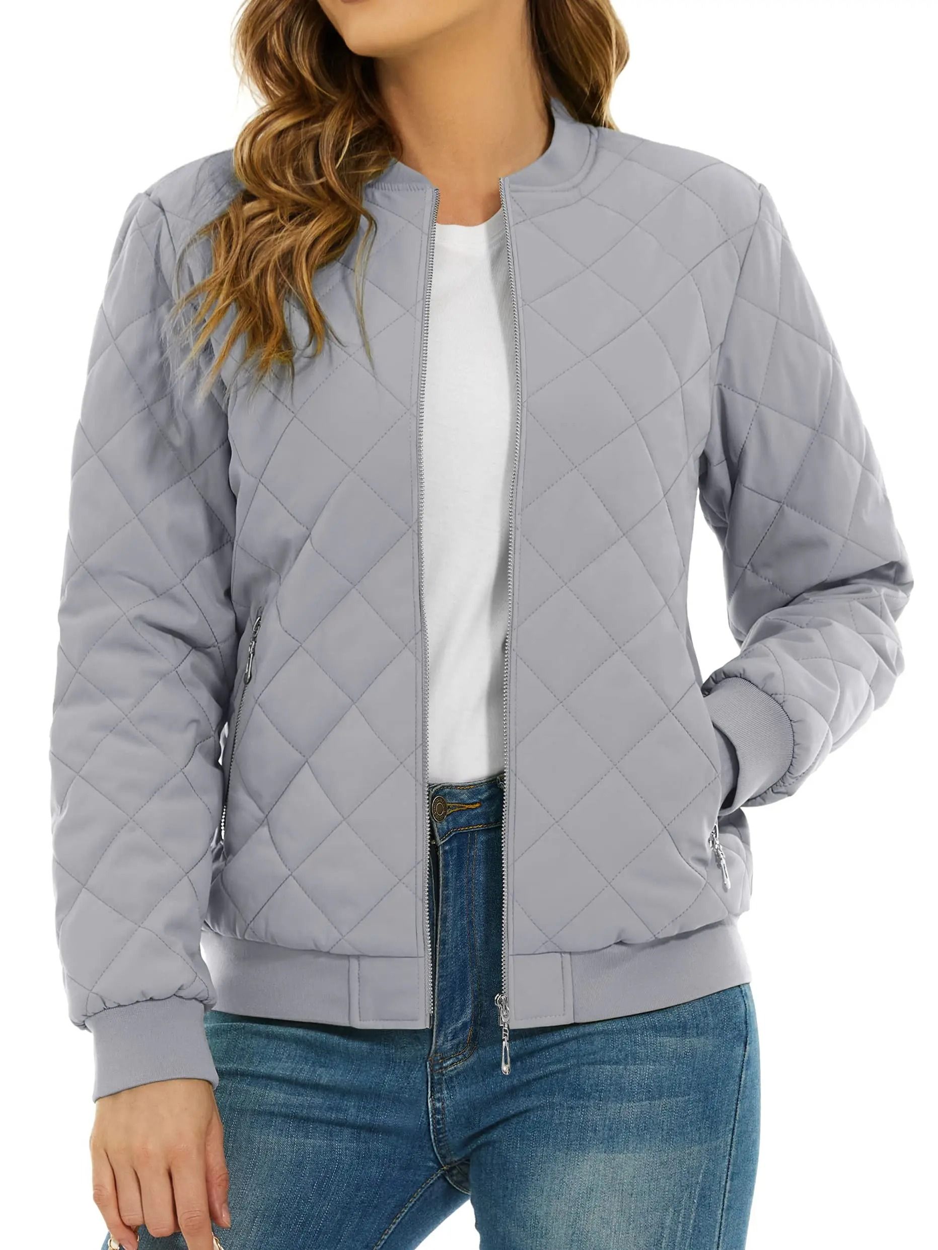 Womens Diamond Quilted Bomber Jacket Full Zip Warm Padded Coat