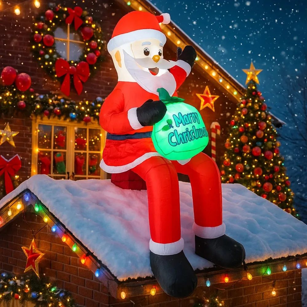 LED Holiday Lights, Inflatable Santa Claus on Roof, Xmas Yard Decoration with Gift Bag