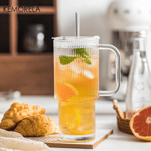 760 ml Ribbed Glass Tumbler with Handle Lid Large Iced Coffee Mug with Straw 1 to 2 PCS