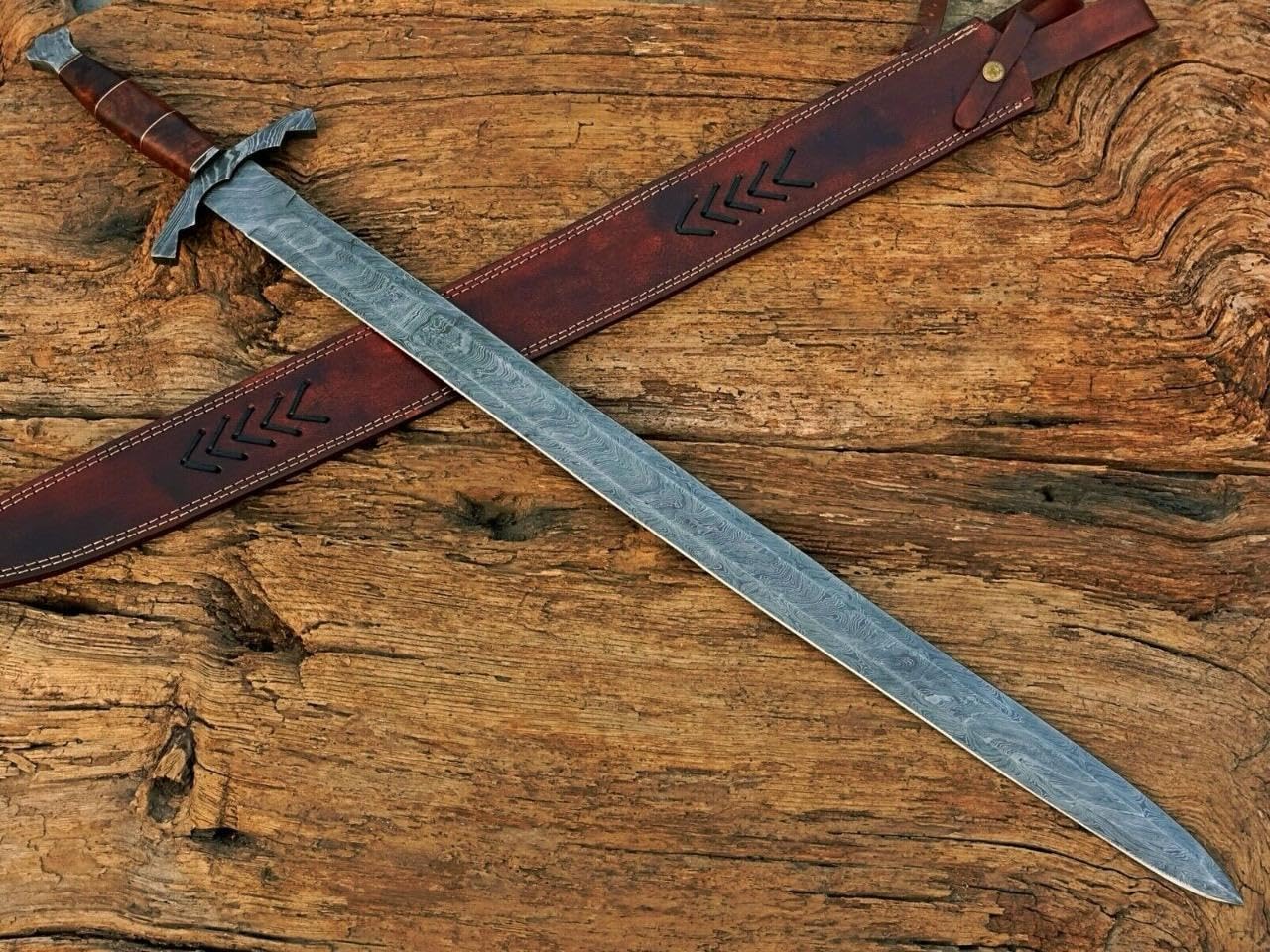 Handmade Damascus Steel 38 Inches Long Scottish Claymore Viking Sword with Leather Sheath