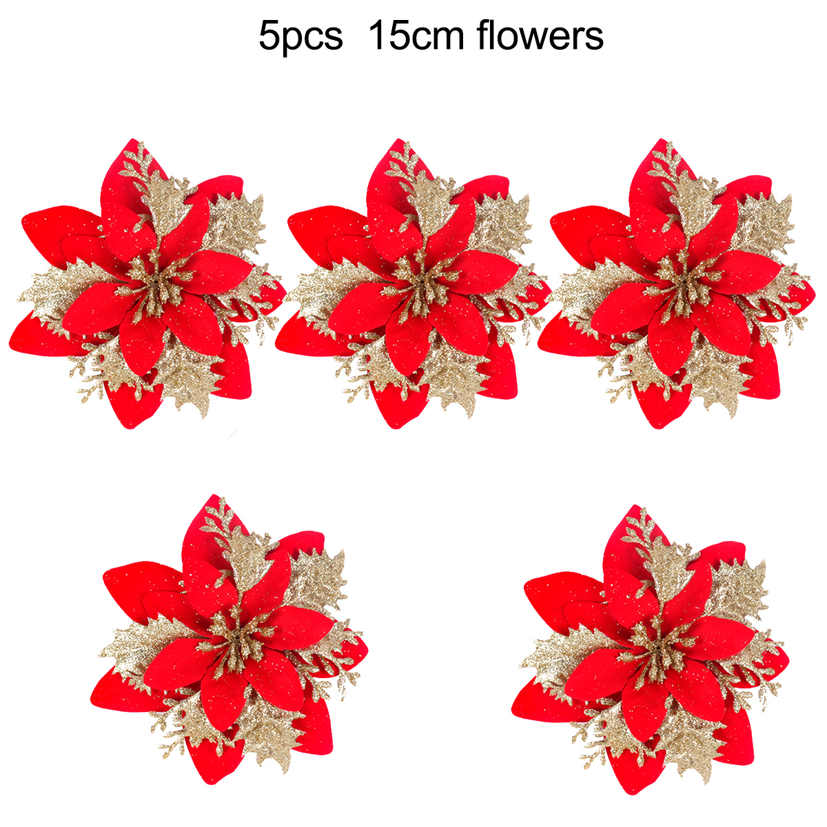 Christmas Tree Ornaments, Red Golden Silver Poinsettia Artificial Flowers, Xmas New Year Party Decoration