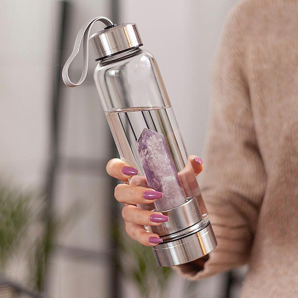 Healing Natural Quartz Water Bottle – Elegant Glass and Stainless Steel, Enhances Well-Being, Hand Wash Only