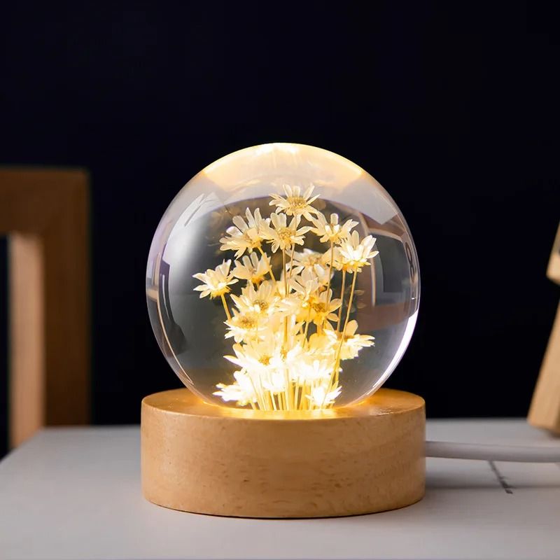 3D Dandelion Crystal Ball with Wood Stand Luminous Flower Sphere