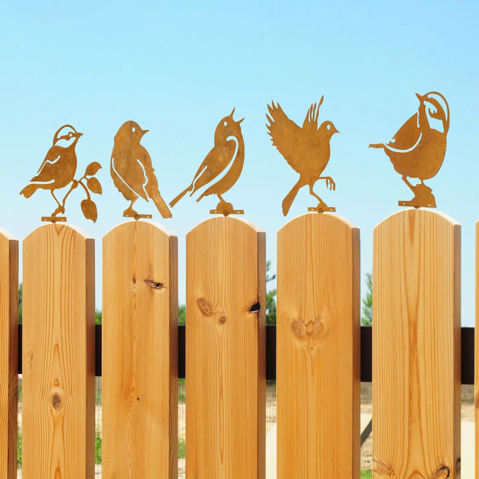 Rustic Metal Bird Garden Decor Set of 5 Fence Silhouettes for Yard Art