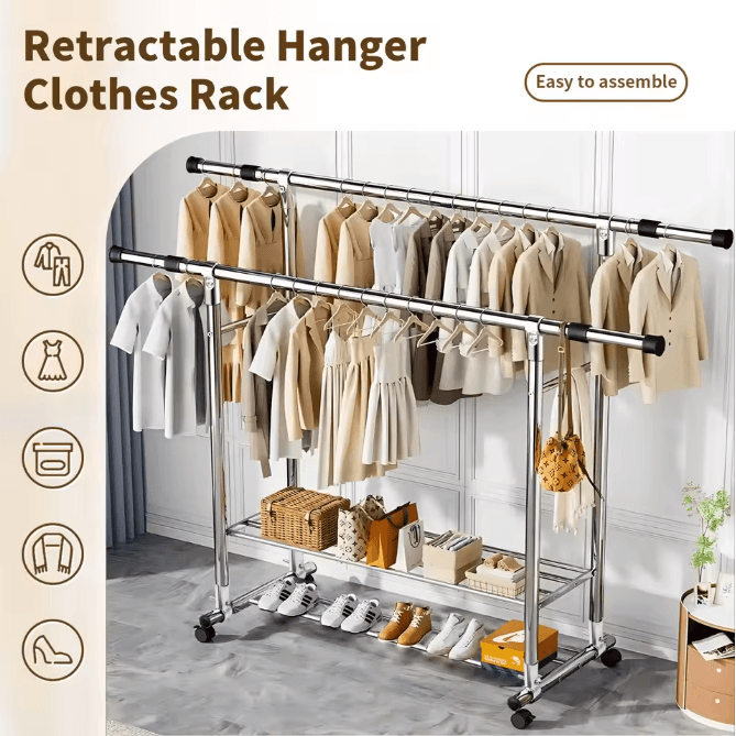 Adjustable Double Rod Rolling Garment Rack with Double Shoe Shelves 47.24-78.74in Wide