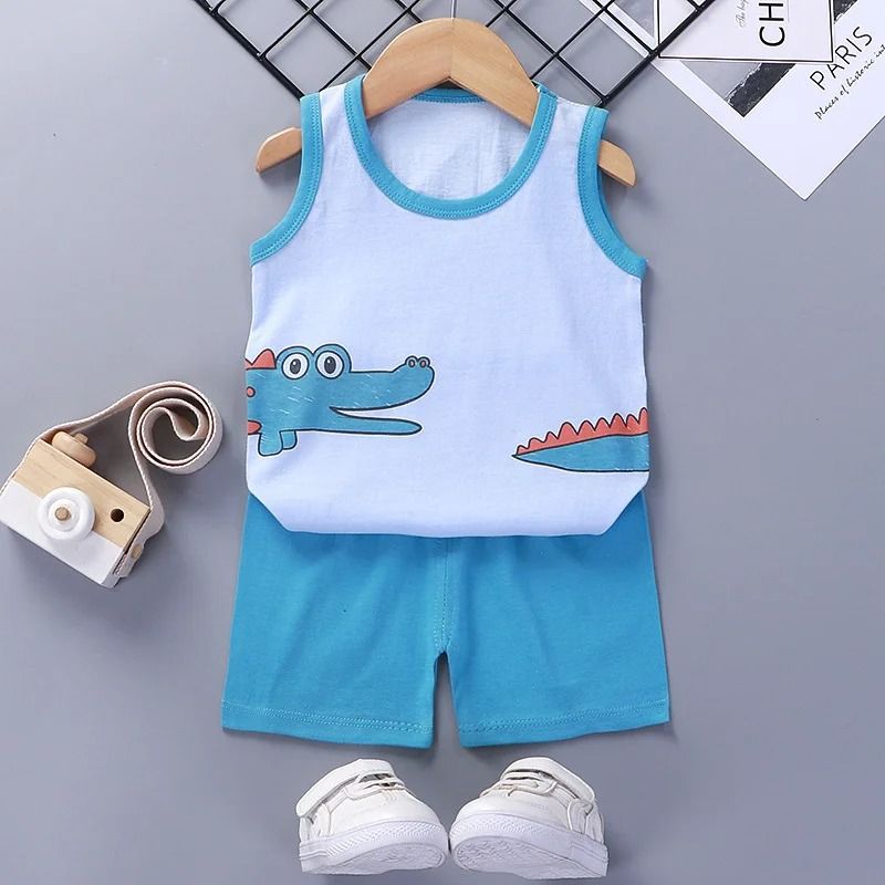 Kids Summer Outfit Baby Cotton Clothes Set with Sleeveless Top and Shorts