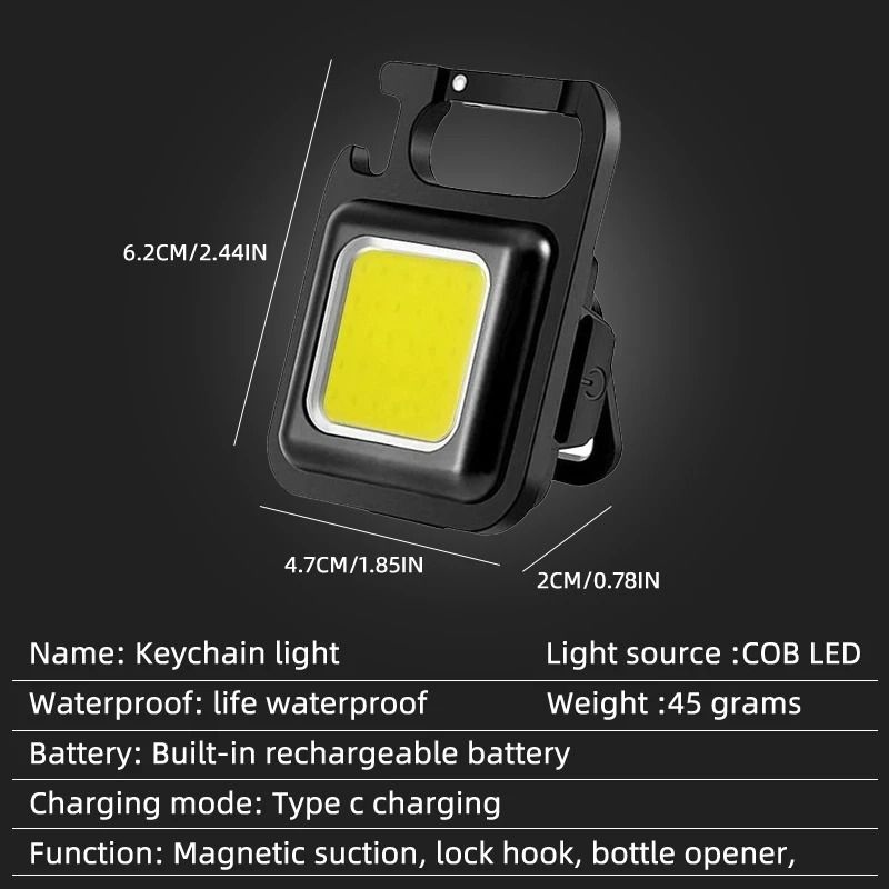 Super Bright 800 Lumens EDC Keychain Flashlight – Rechargeable COB Work Light with Bottle Opener & Folding Bracket