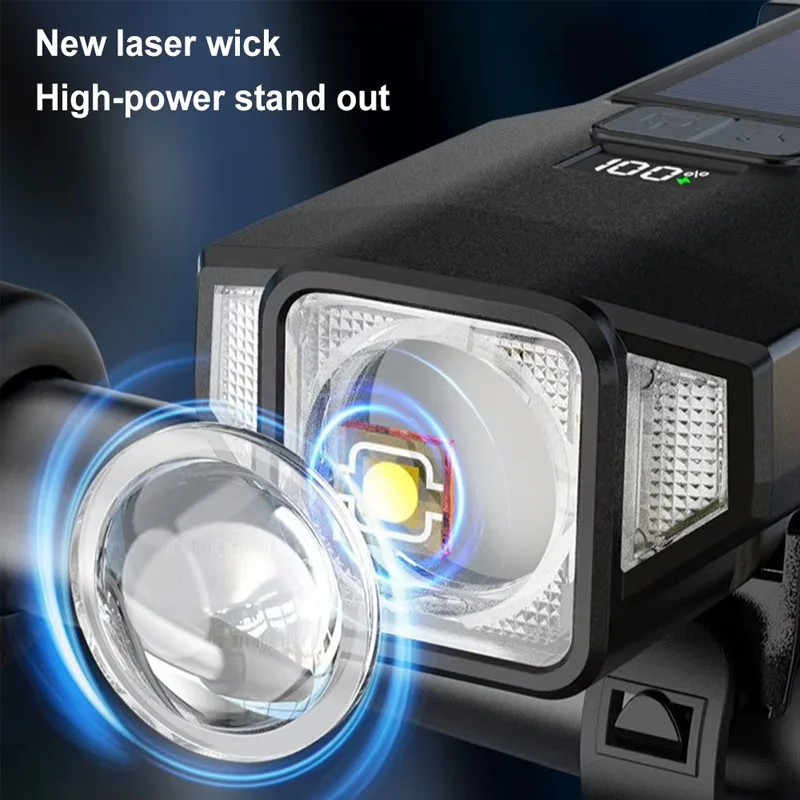 Zoom Bicycle Front Light Bike Light Solar Power Highlight LED with COB Red Side Lamp, Durable Rechargeable Cycling