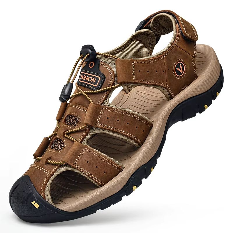 Men's Summer Genuine Leather Sandals – Casual Outdoor Beach Shoes with Roman Style, Plus Size 38–48