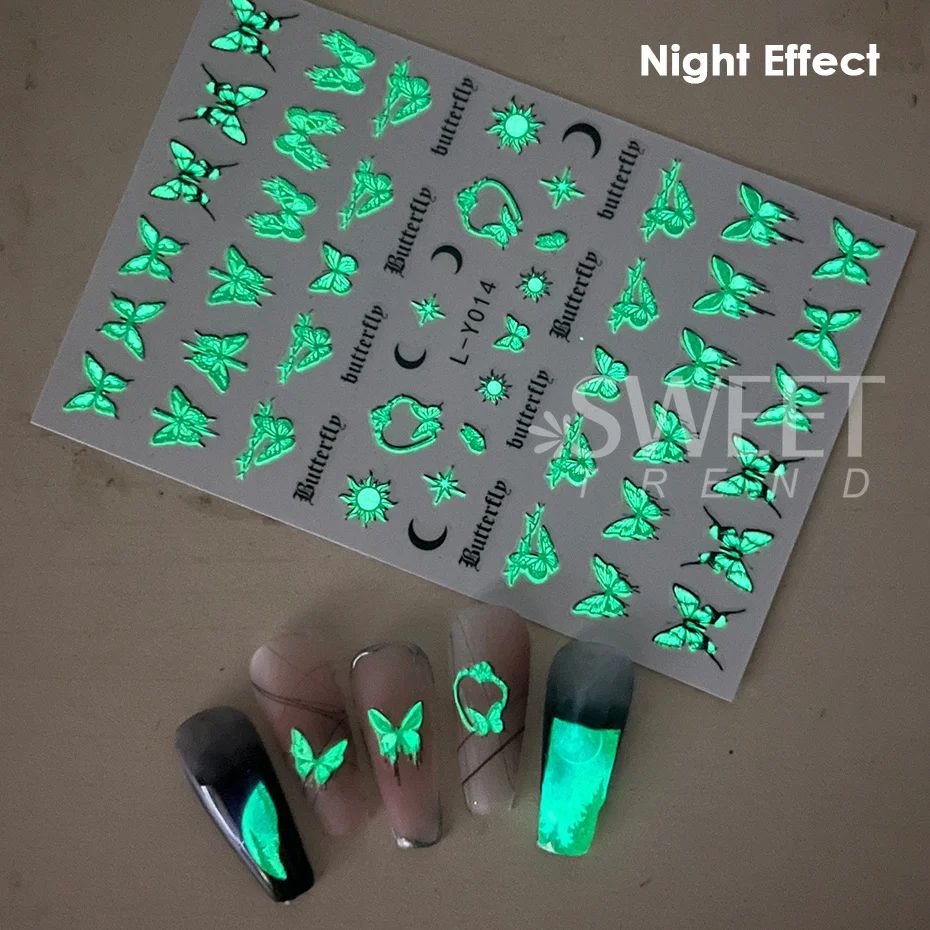 3-Piece Luminous Butterfly Nail Decal Stickers – Glow-In-The-Dark Nail Art Set