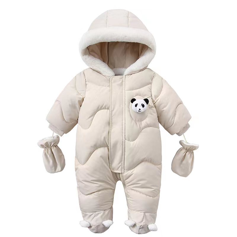 Korean Style Baby Boy Winter Jumpsuit with Cartoon Bear Plus Velvet Coat, Toddler Girl Snowsuit Winter Romper Outfit