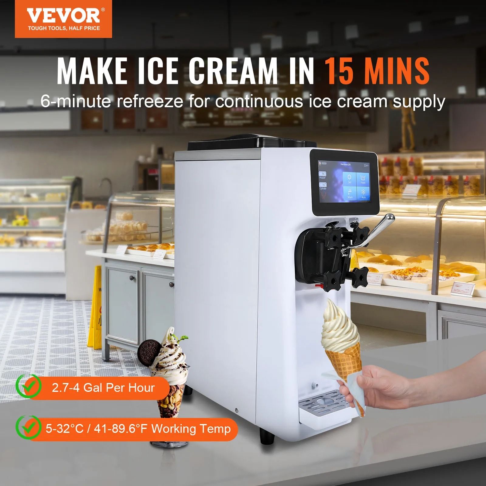 Commercial Soft Serve Ice Cream Machine with Touch Screen Auto Clean and Pre Cooling