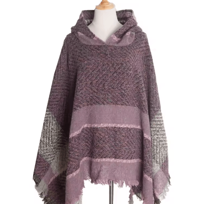 Hooded Fishbone Pattern Women Cape Poncho Autumn Winter Pullover Women Hooded Cloak