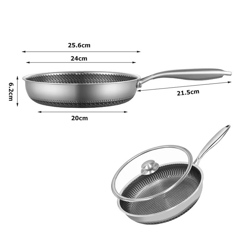 Stainless Steel Nonstick Frying Pan With Lid Honeycomb Fry Pan Induction Compatible