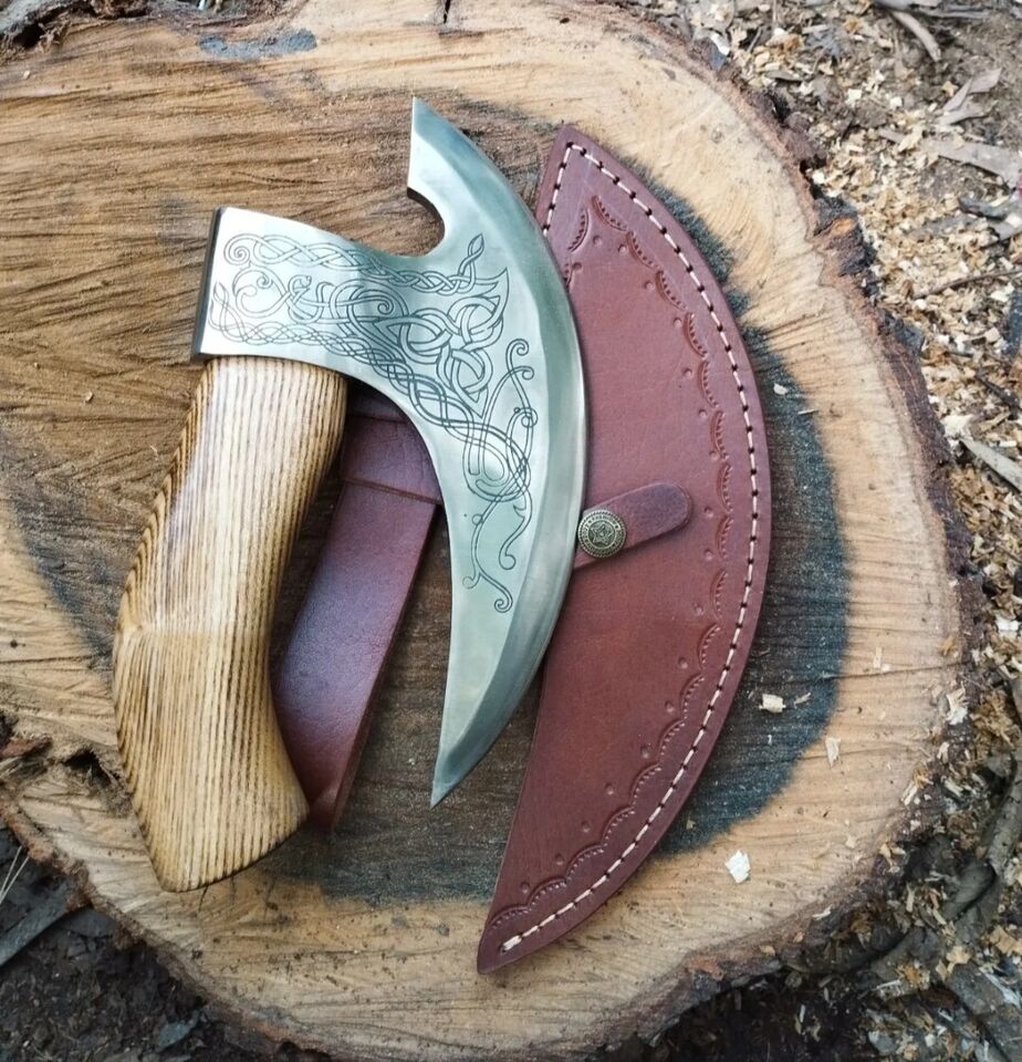 CHRISTMAS GIFT HANDMADE CARBON STEEL PIZZA CUTTER VIKING HATCHET TOMAHAWK HUNTING AXE
