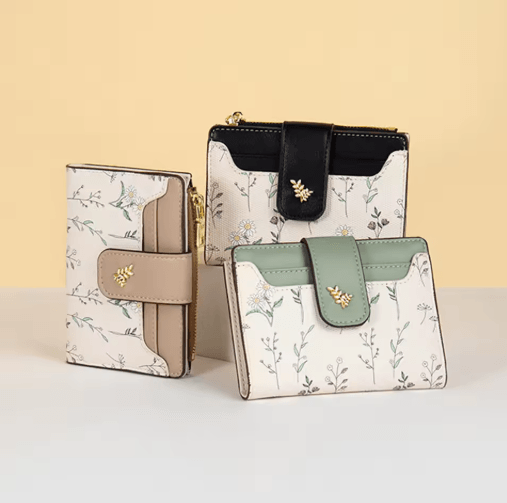 Womens PU Leather Wallet Flower Printed Short Slim Coin Purse with Card Holder