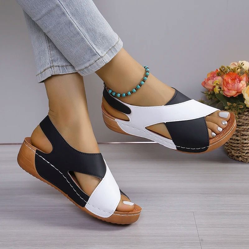 Women Contrast Color Peep Toe Platform Wedge Sandals Non Slip Summer Comfort Shoes