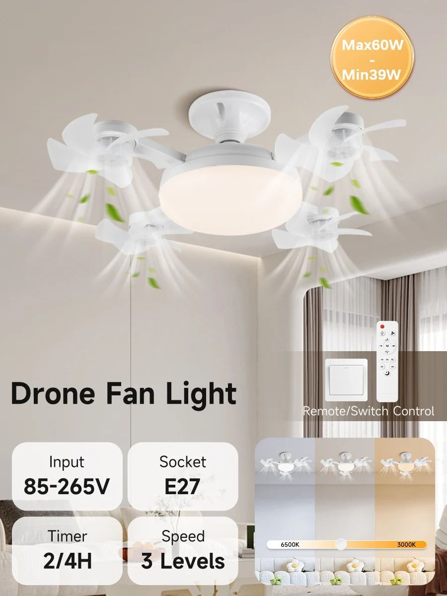 Modern Multi-Head LED Ceiling Fan | 3-Speed Silent Remote Control Light Fixture