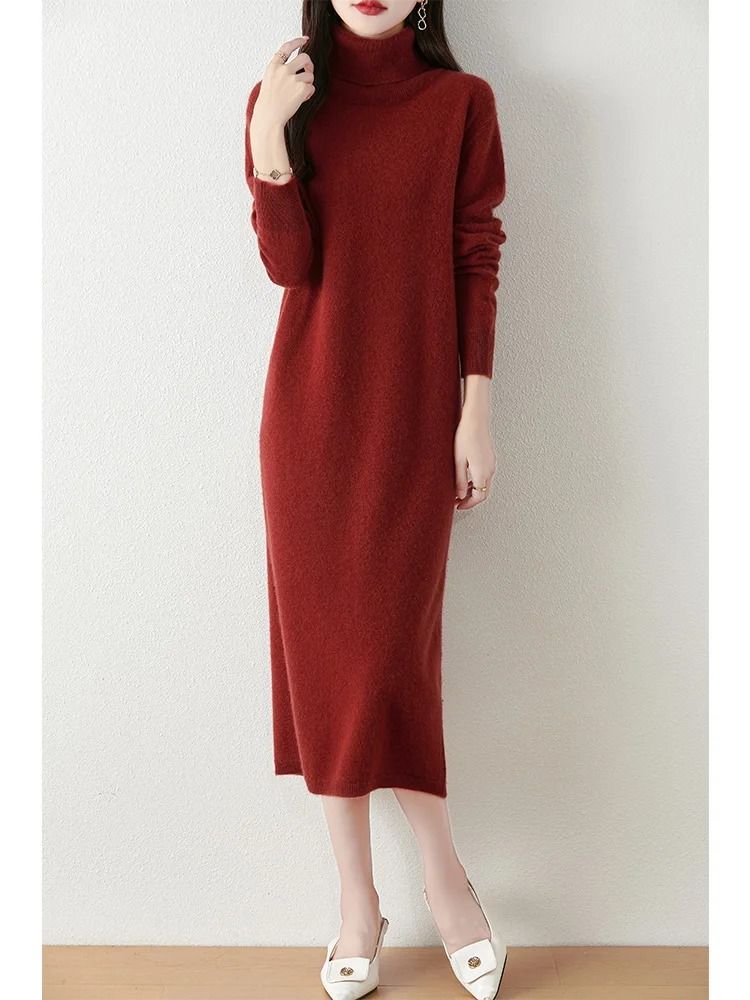 100% Merino Wool Turtleneck Knit Sweater Dress