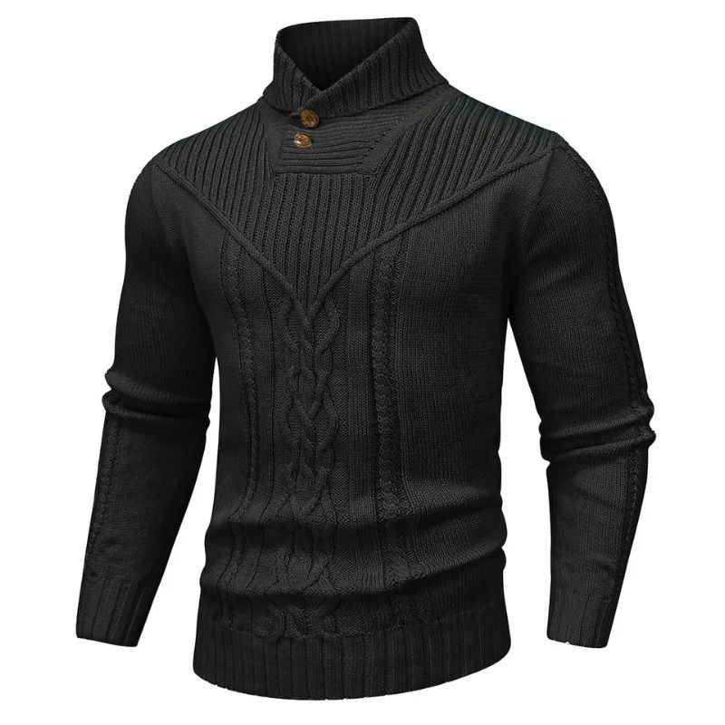 Men Shawl Collar Cable Knit Pullover Sweater Fleece Woolen Solid Color