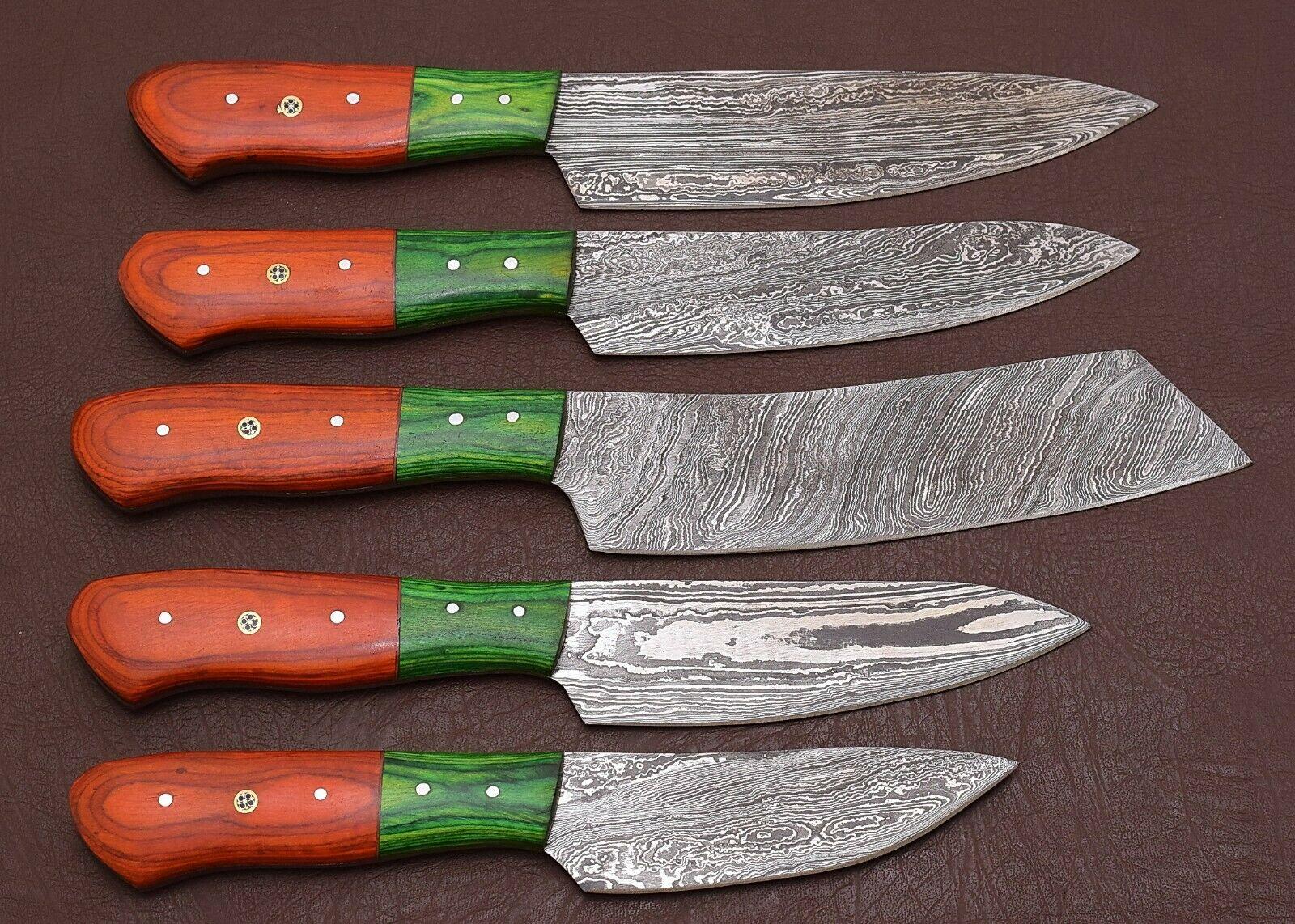 Artisan Damascus Kitchen Knives Set with Pakka Wood Handles – 5 Pc