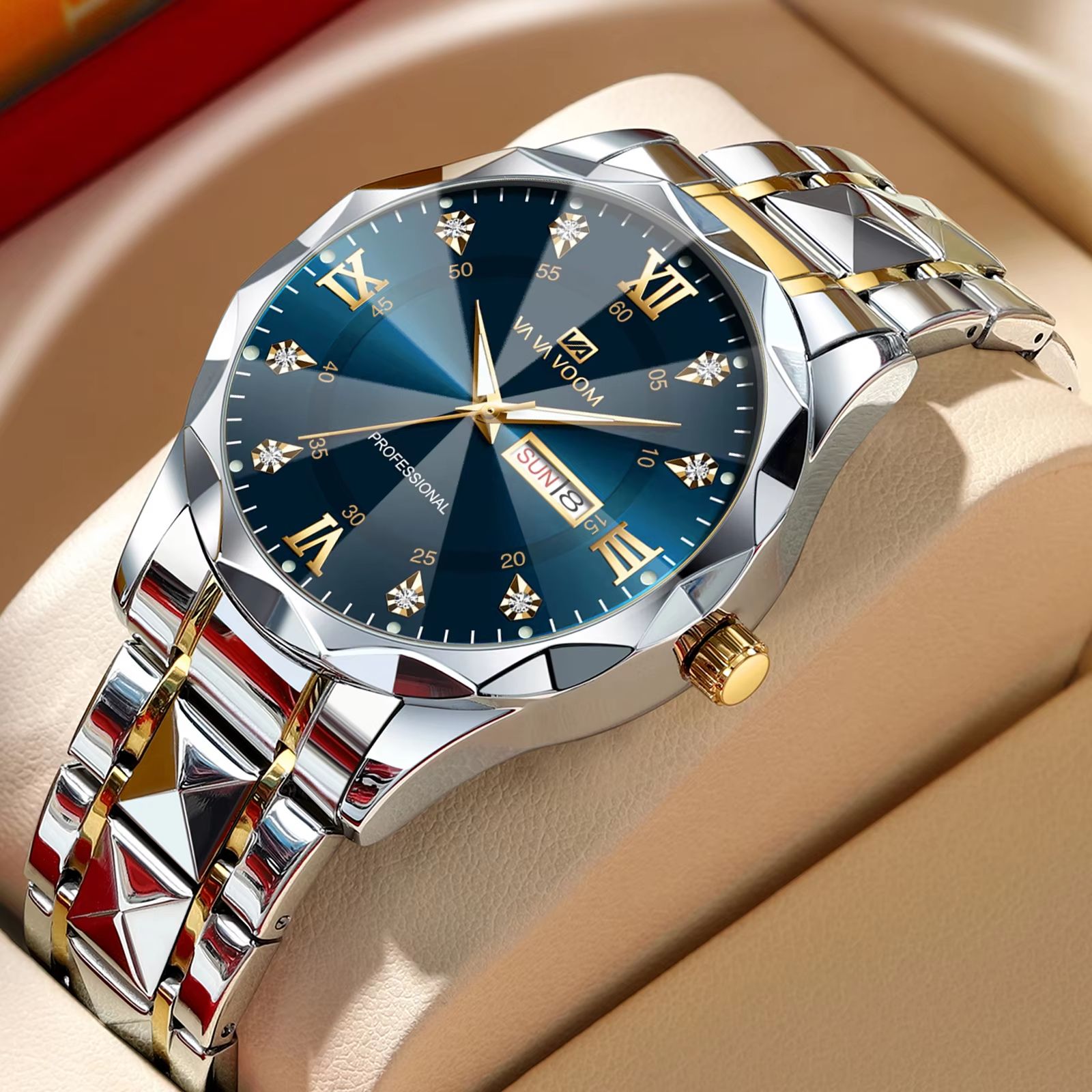Men's Luxury Stainless Steel Watch – Blue Gold Quartz with Night Glow & Double Calendar