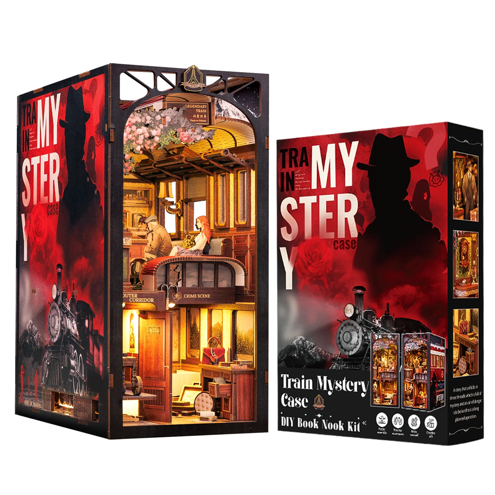 Detective Train Mystery DIY Book Nook, 3D Wooden Dollhouse Puzzle with Touch Light & Bookshelf Insert – Unique Gift Idea